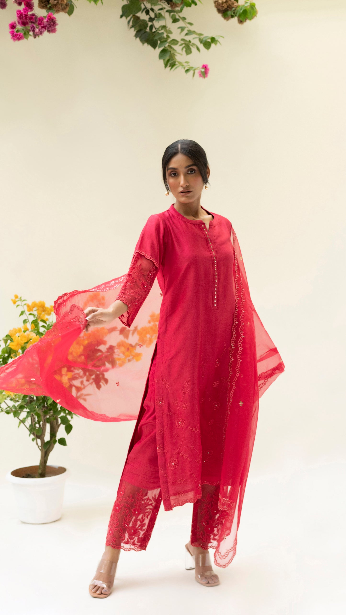 Reverse Applique Kurta Set - Berry Red