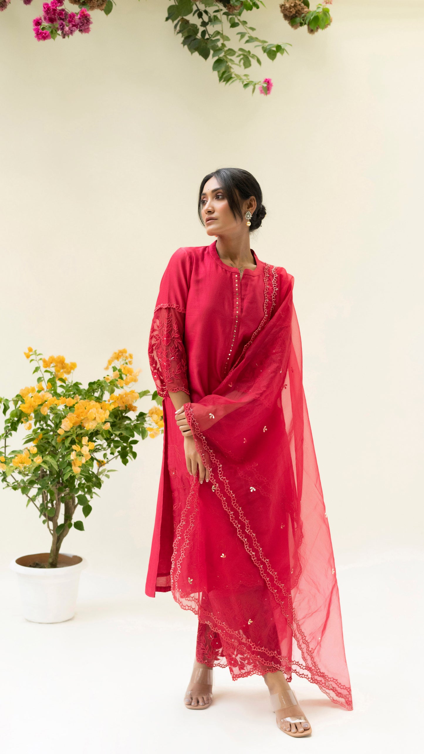 Reverse Applique Kurta Set - Berry Red