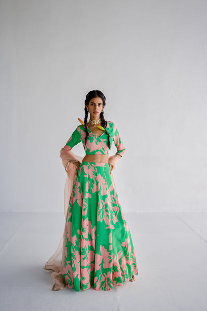 Green Print Lehenga