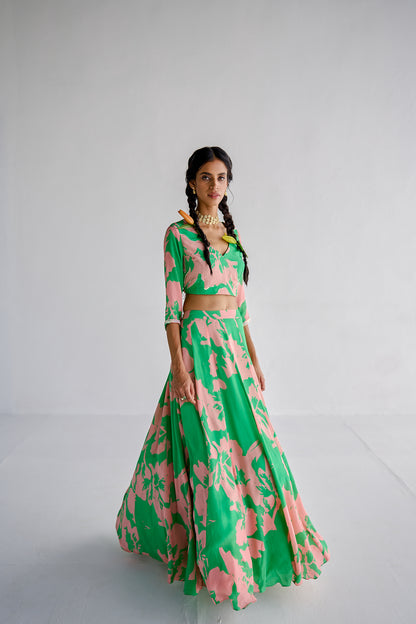 Green Print Lehenga