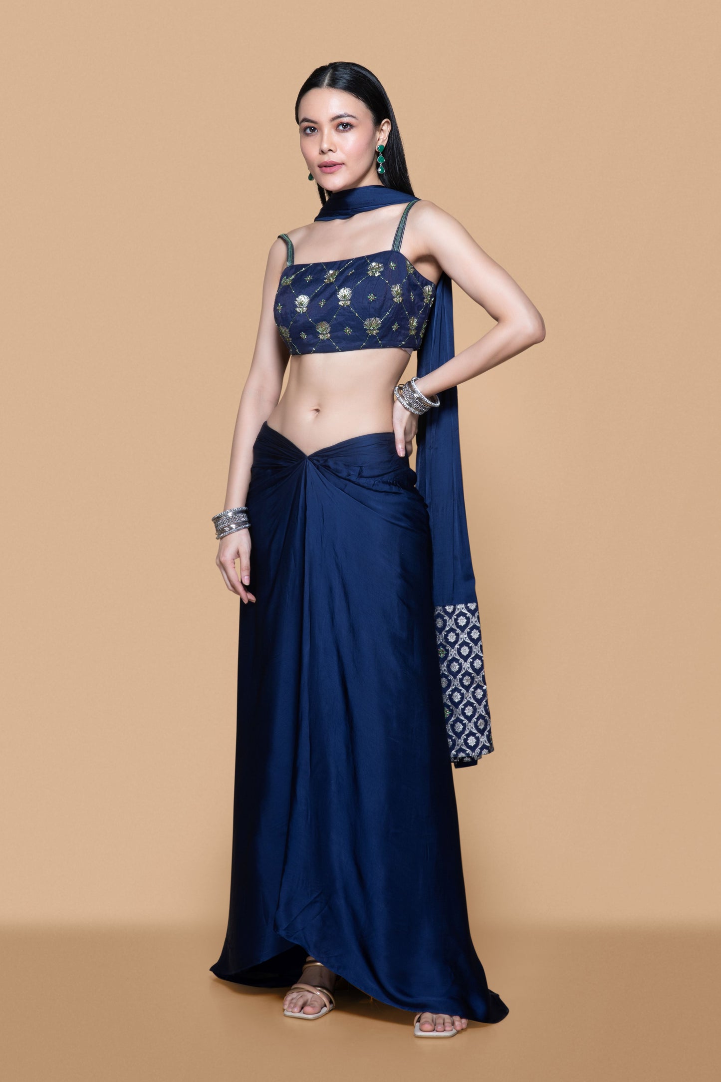 Blue Embroidered Brocade Skirt Set