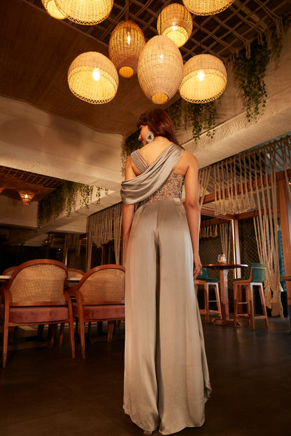 Dove Grey Flared Jumpsuit With An Embroidered Bodice