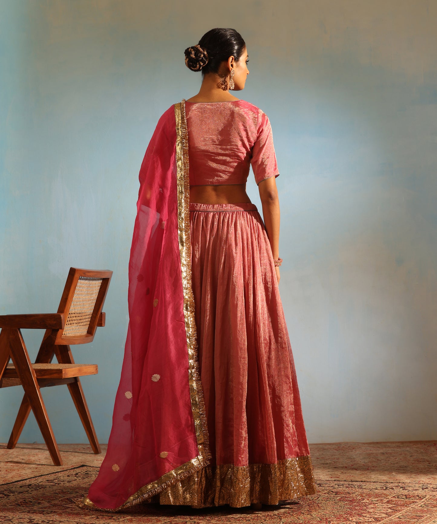 Pink Handcrafted Tissue Silk Lehenga Set With Organza Dupatta