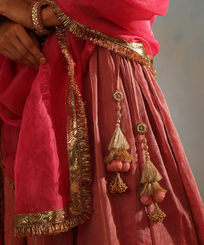 Pink Handcrafted Tissue Silk Lehenga Set With Organza Dupatta