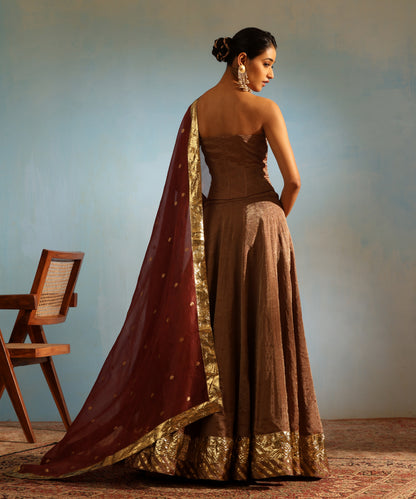 Brown Handcrafted Tissue Silk Kalidaar Lehenga Set With Organza Dupatta