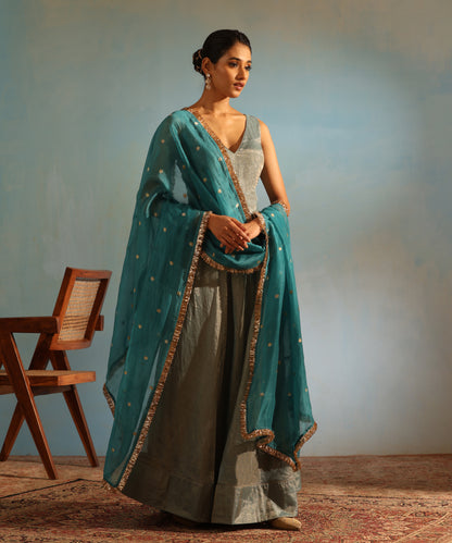 Blue Handcrafted Tissue Silk Anarkali Kurta With Churidaar And Organza Dupatta