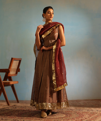 Brown Handcrafted Tissue Silk Anarkali Kurta With Churidaar And Organza Dupatta