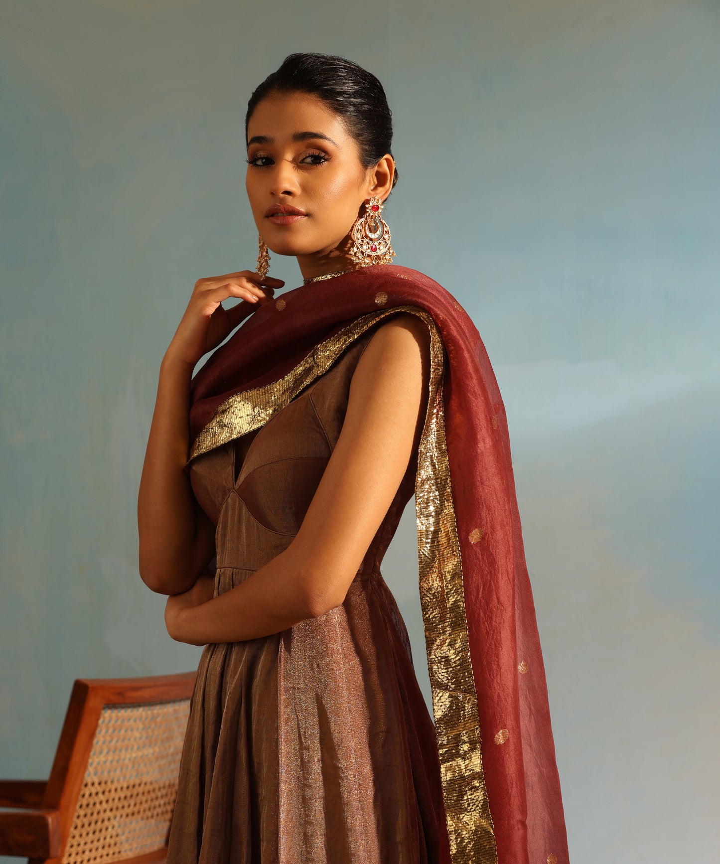 Brown Handcrafted Tissue Silk Anarkali Kurta With Churidaar And Organza Dupatta