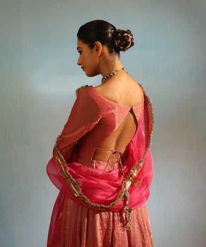 Pink Handcrafted Tissue Silk Anarkali Kurta With Churidaar And Organza Dupatta