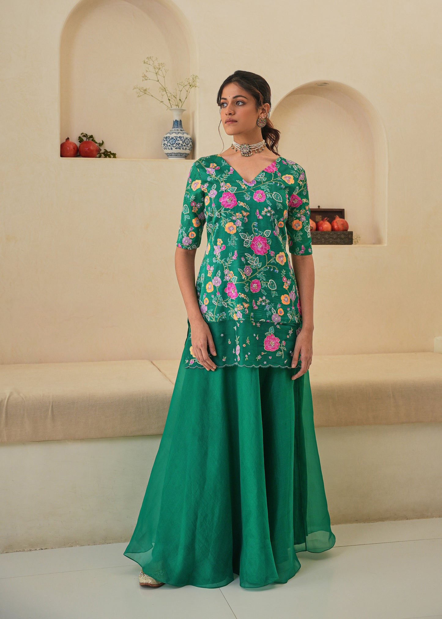 Seri Kurta Lehenga Set - Emerald Green - With Dupatta