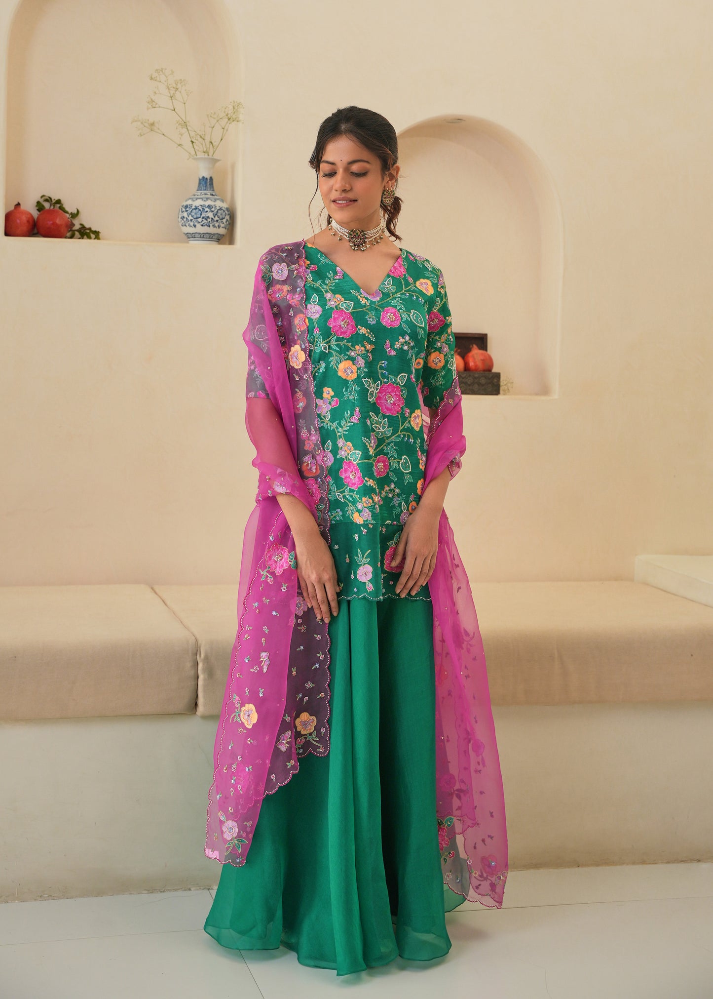 Seri Kurta Lehenga Set - Emerald Green - With Dupatta