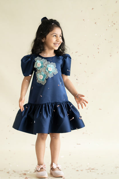 Blue Satin A-Line Dress With 3 Flowers