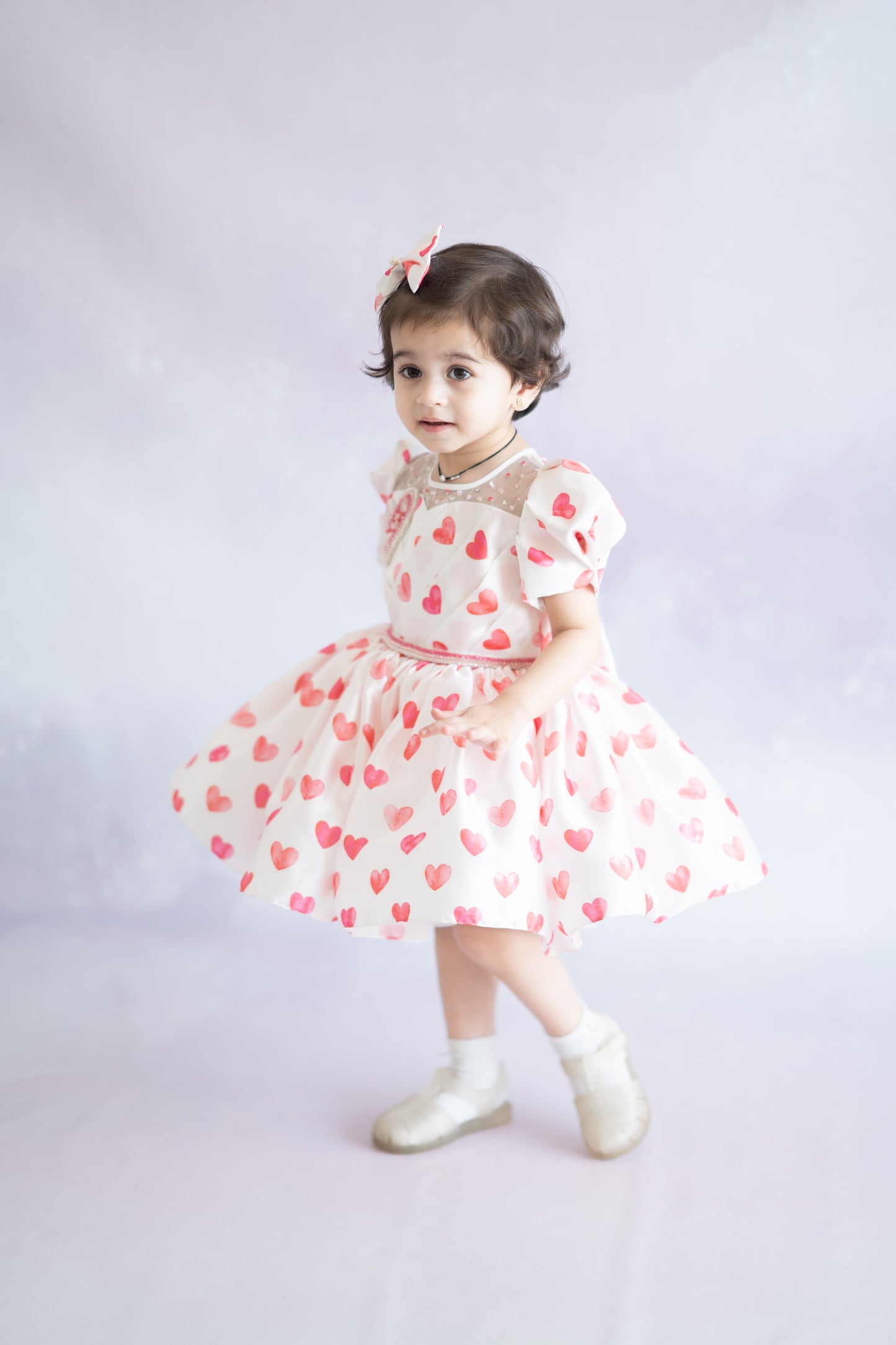 Heart Printed Soft Satin Flared Dress