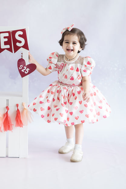 Heart Printed Soft Satin Flared Dress