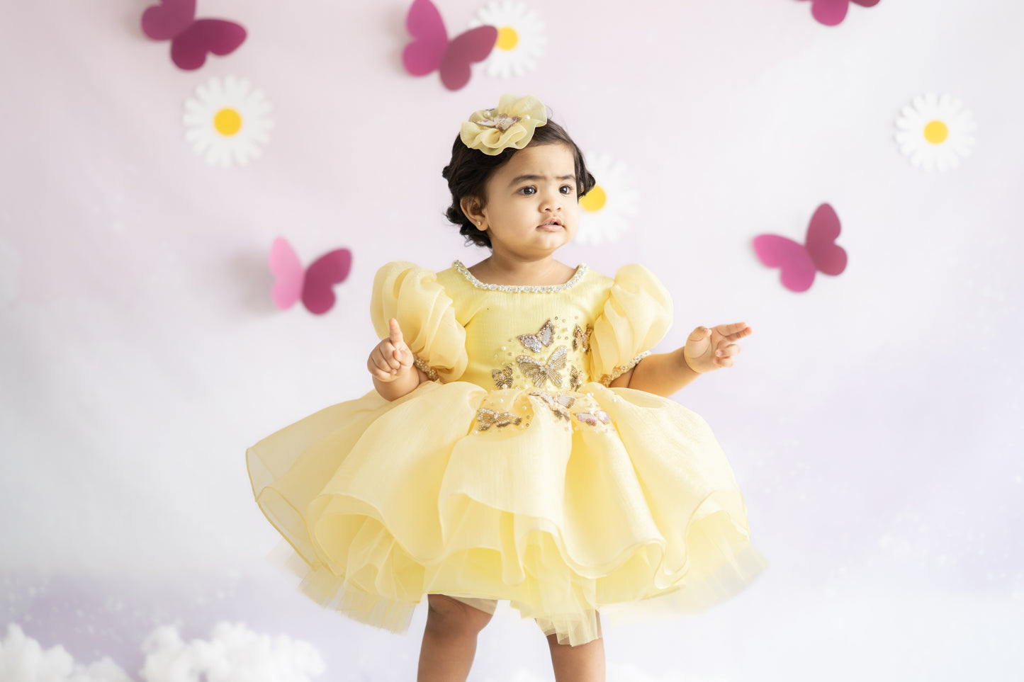 Puffy Textured Shimmer Organza Dress With Golden Butterflies
