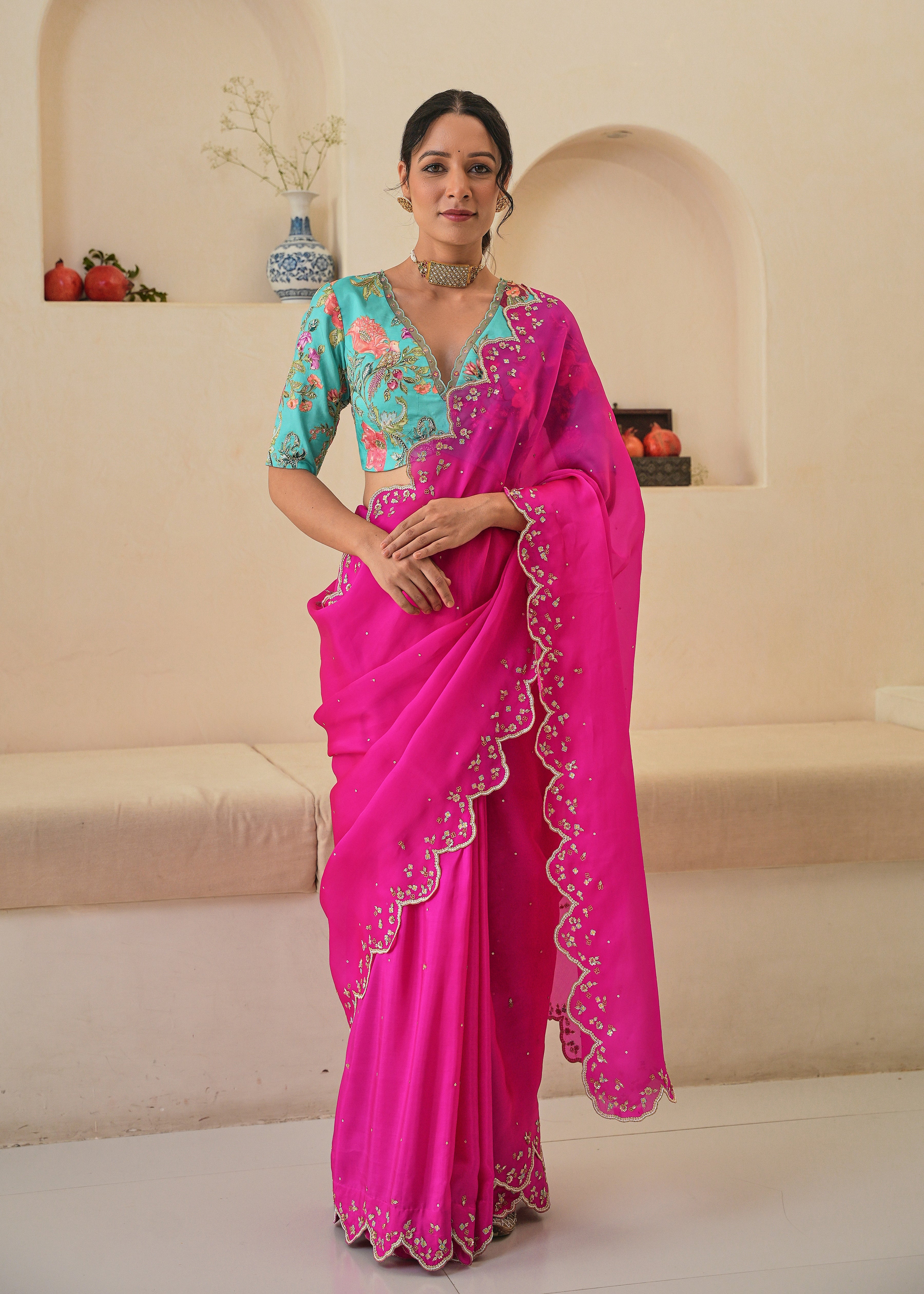 Peach Lilac Pita work and sequins embroidery viscose silk fancy saree with  blouse piece. – Vpnam