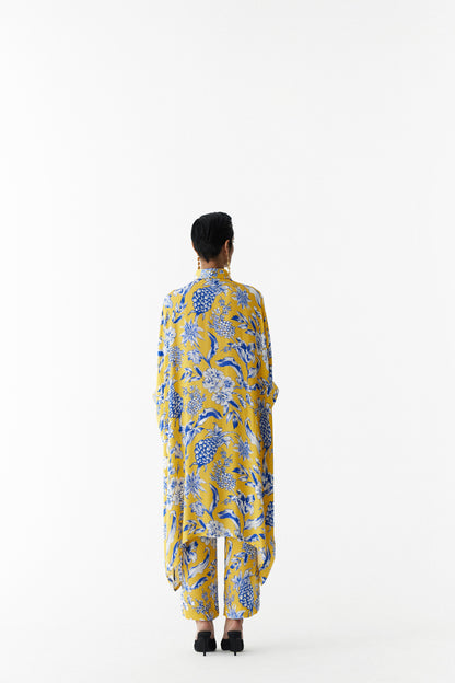 Yellow Pineapple  Front Button Kimono And Pants Co-ord