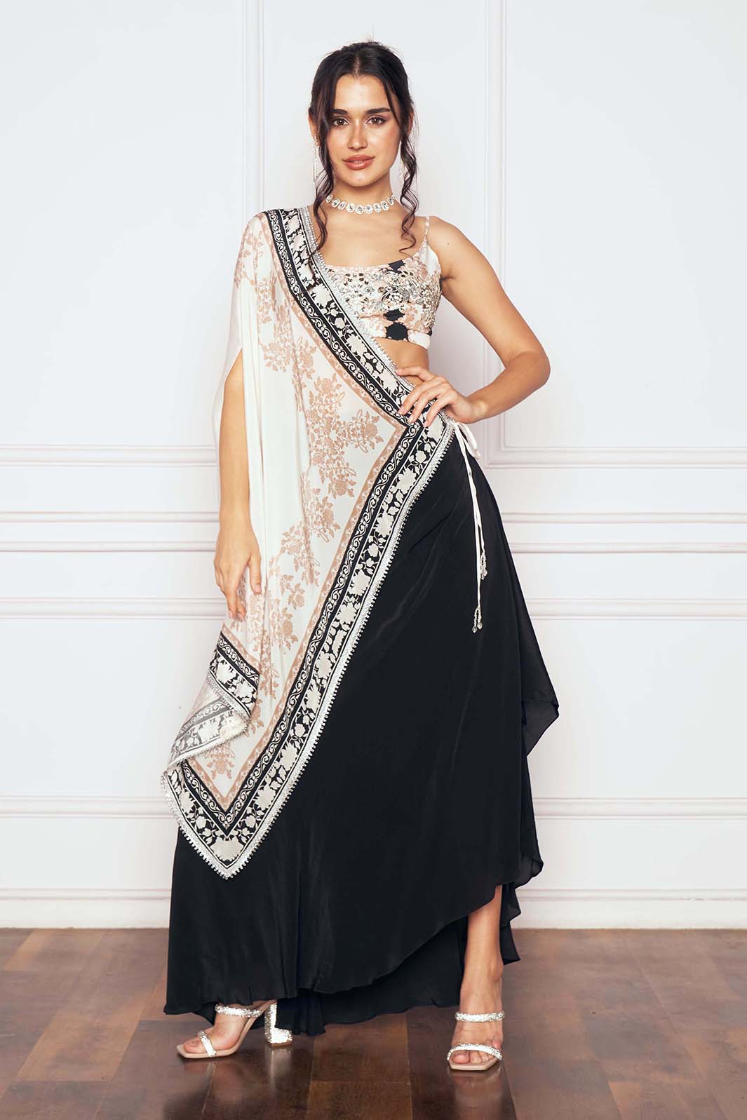 BLACK TIE UP SAREE WITH DRAPED SKIRT & BLOUSE