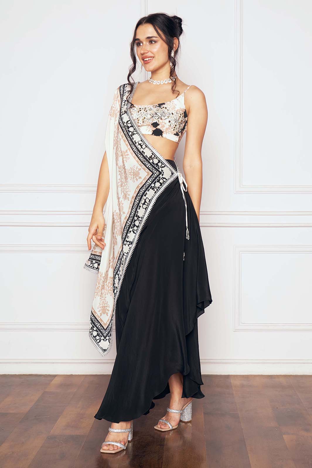 BLACK TIE UP SAREE WITH DRAPED SKIRT & BLOUSE