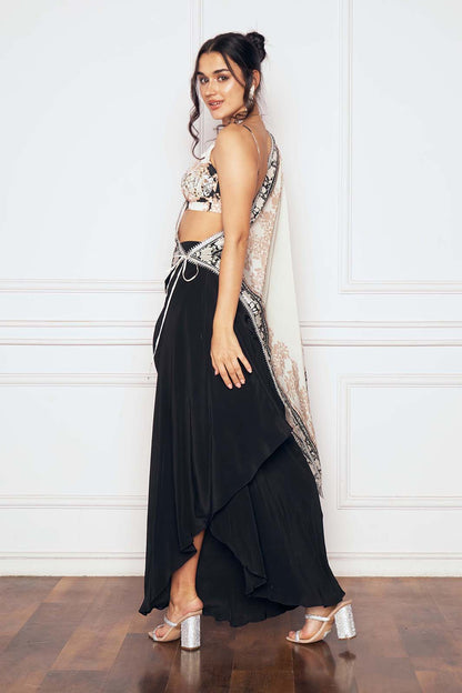 BLACK TIE UP SAREE WITH DRAPED SKIRT & BLOUSE