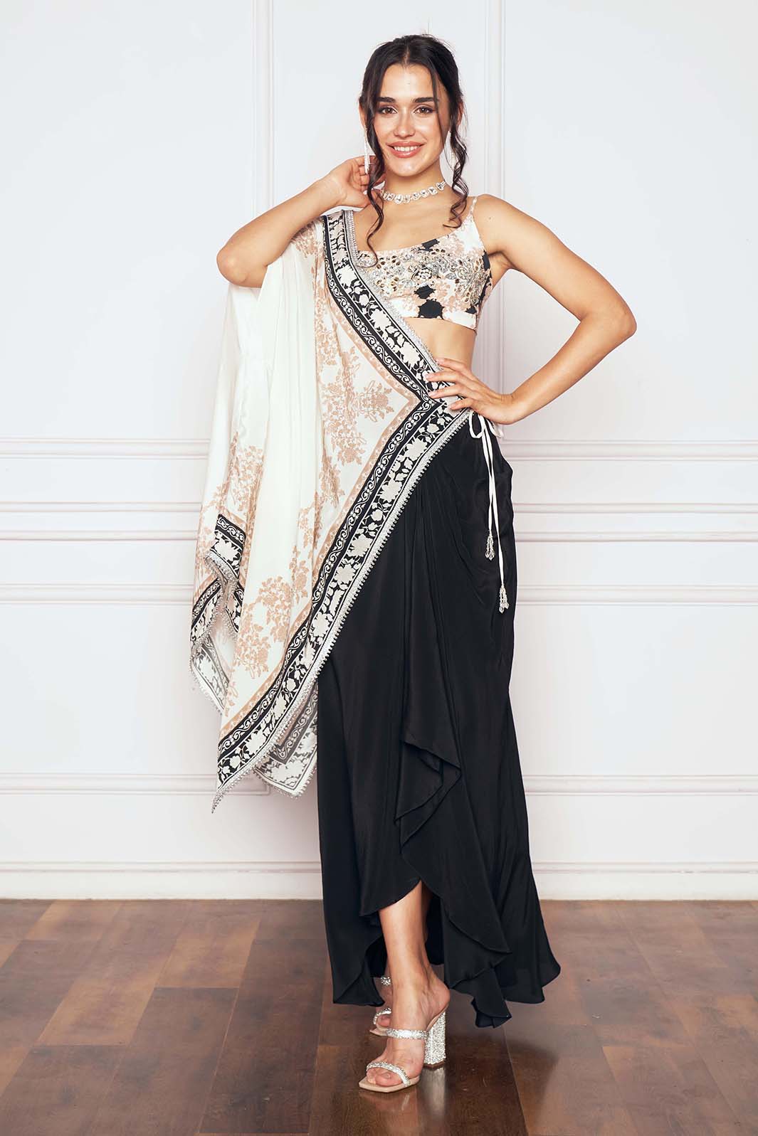 BLACK TIE UP SAREE WITH DRAPED SKIRT & BLOUSE