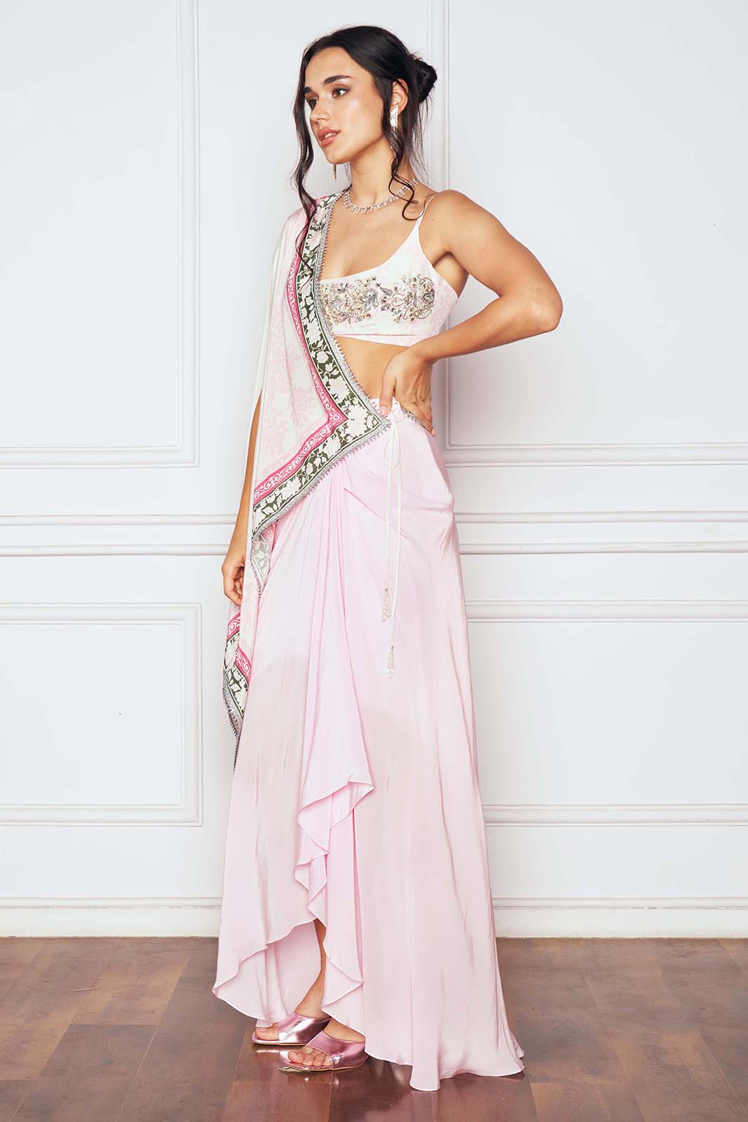 Buy Pink Blouse Brocade Skirt Brocade Saree Organza Embroidery V Set For  Women by Gopi Vaid Online at Aza Fashions.