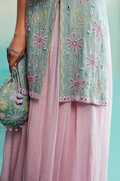 Mint Hand Embroidered Kurta with Orchid Pink gathered Skirt Sharara Set