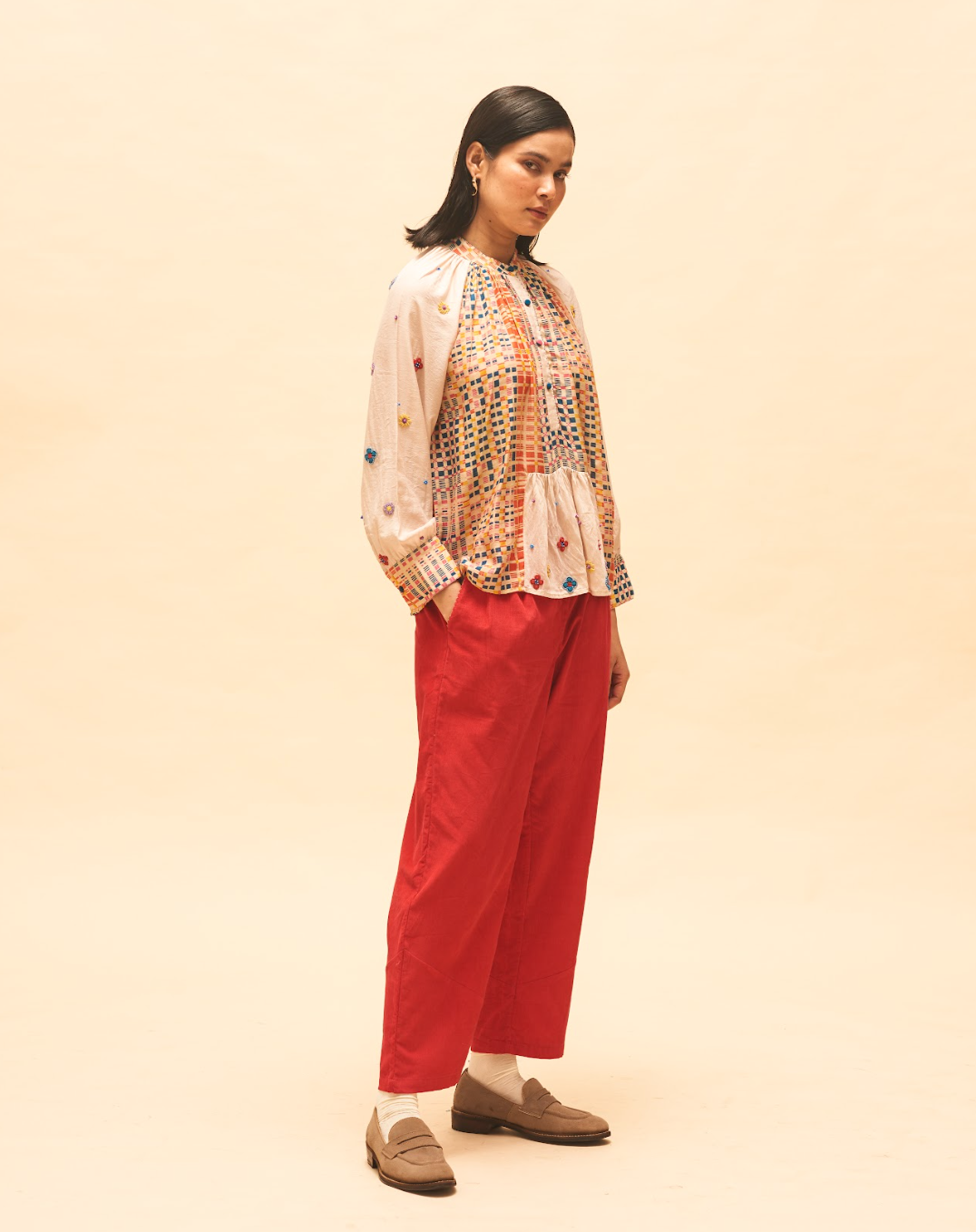 Sand Checked Top With Crimson Straight Pants