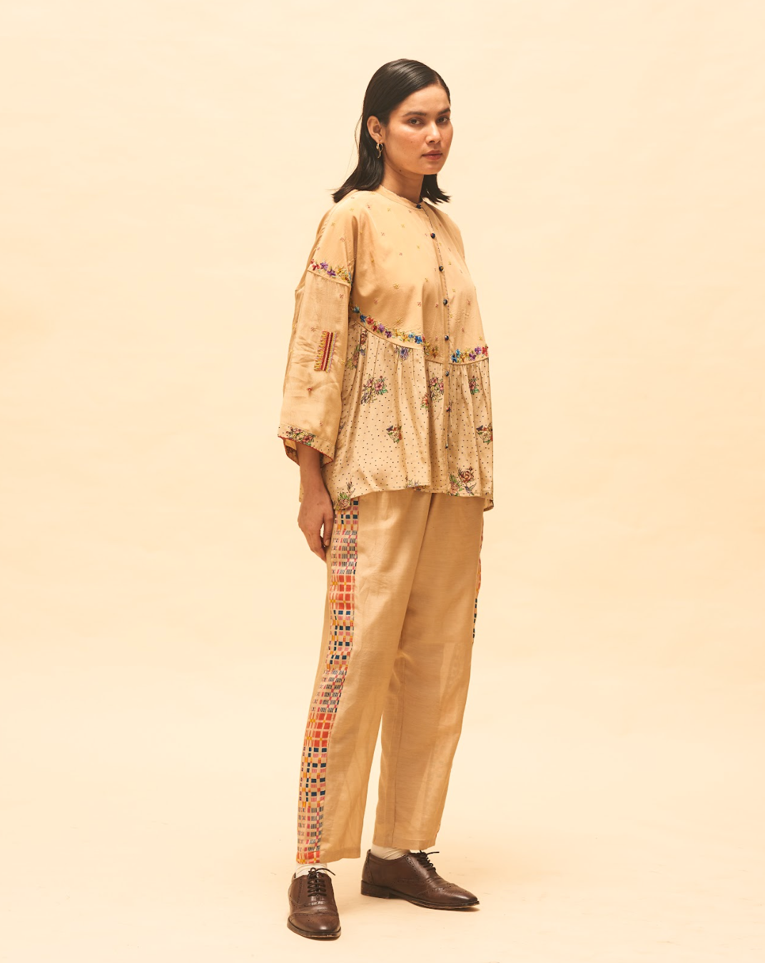 Sand Gathered Shirt With Sand Panelled Pant
