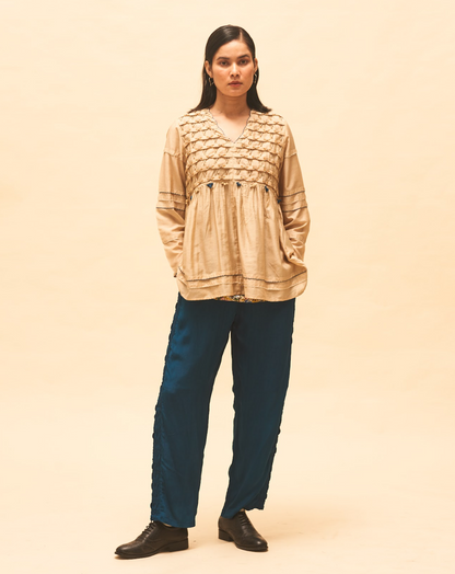 Sand Smocked Top With Indigo Panelled Pants