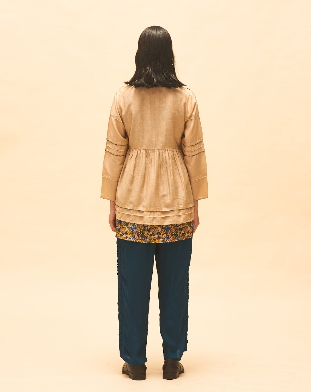 Sand Smocked Top With Indigo Panelled Pants