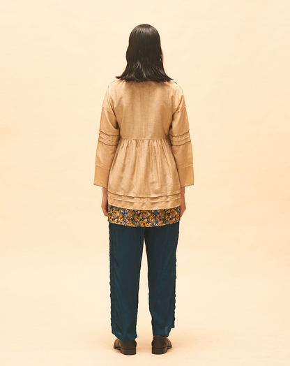 Sand Smocked Top With Indigo Panelled Pants