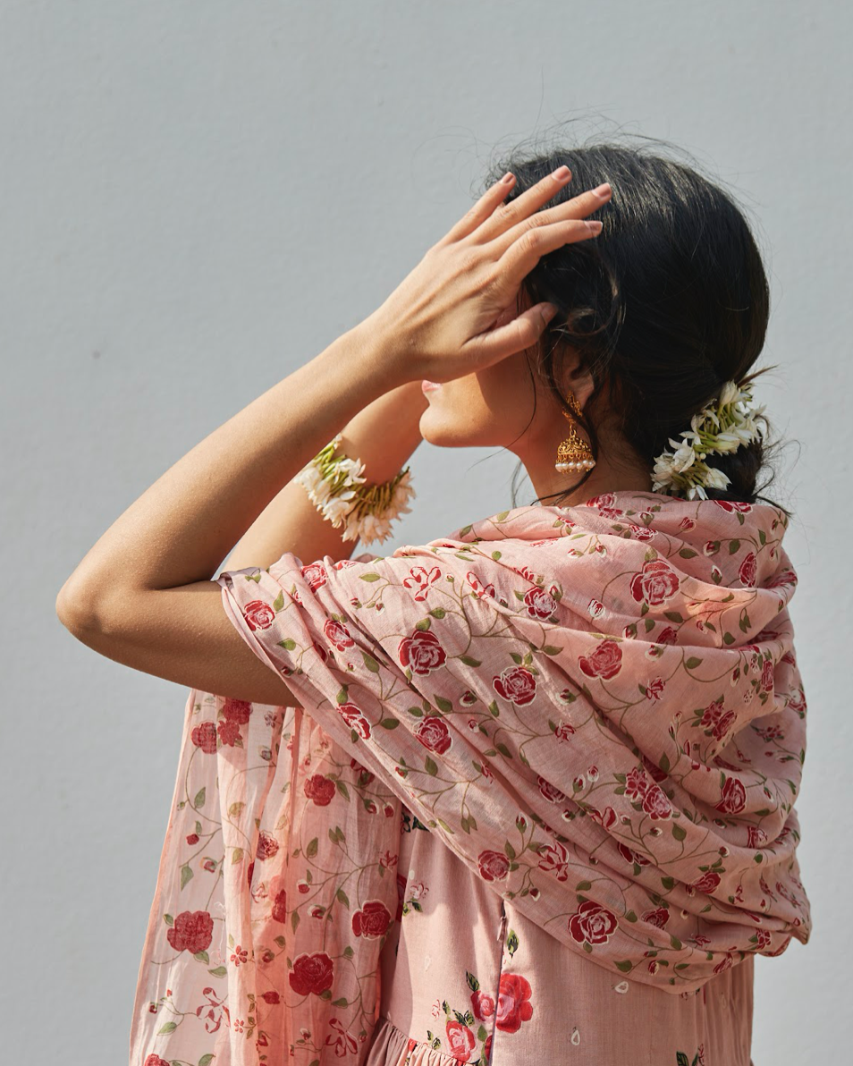 Gathered Rose Radiance: Handwoven Chanderi Comfort Fit Kurta Set in Old Rose-M4