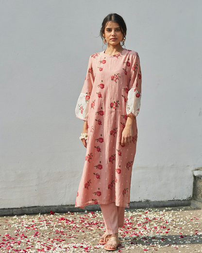 Gathered Rose Radiance: Handwoven Chanderi Comfort Fit Kurta Set in Old Rose-M4