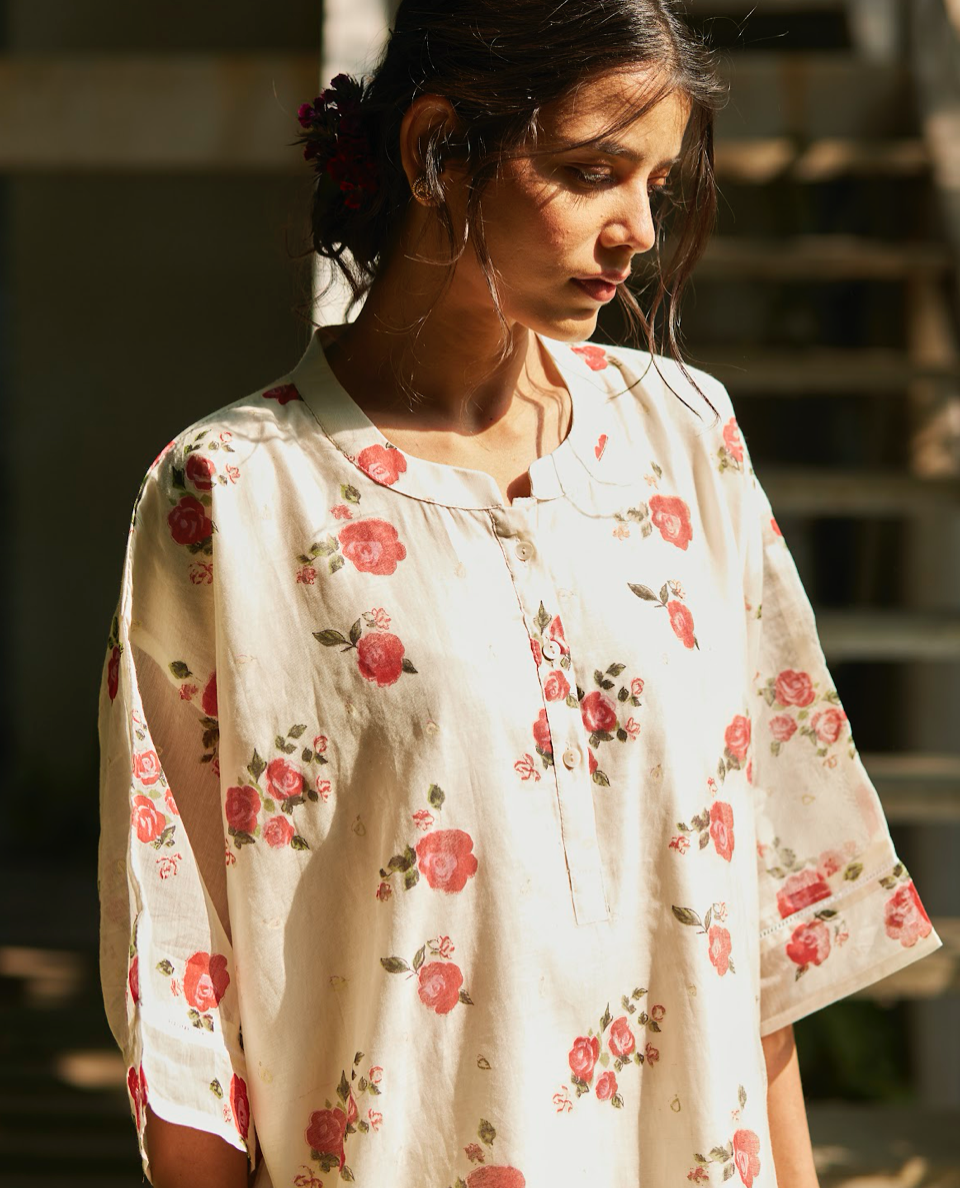 Ivory Rose Top: Handwoven Chandri Comfort Fit Top with Block Print-M6