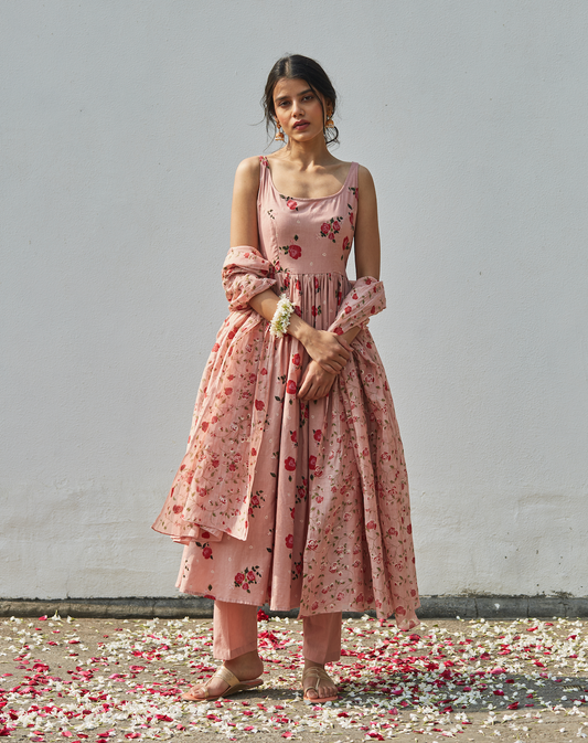 Old Rose Anarkali Charm: Comfort Fit Cotton Anarkali Set with Zari Jal Print Duppata-M3