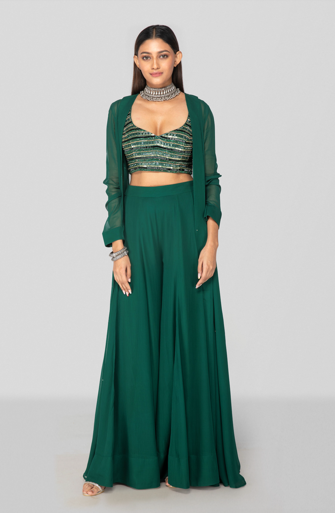 Emerald Green Embellished Sharara And Jacket Set