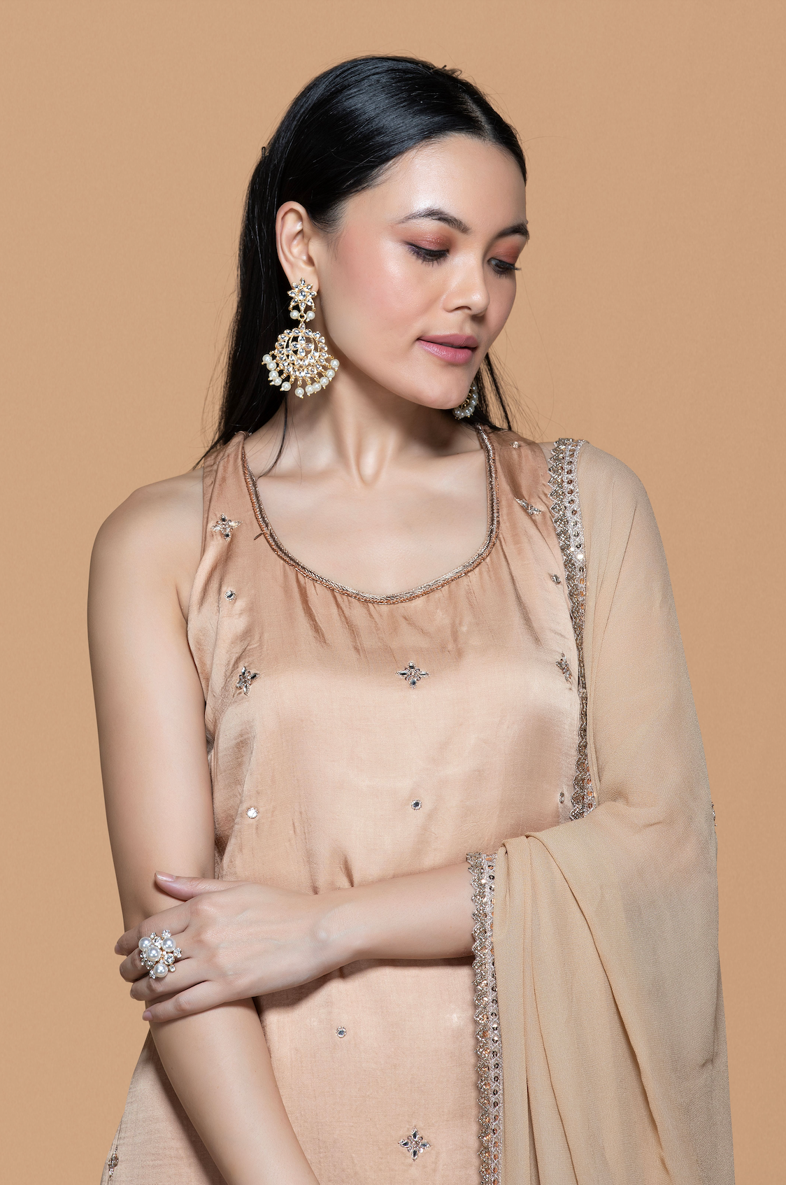 Fawn Kurta Set With Exquisite Embroidery