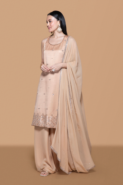 Fawn Kurta Set With Exquisite Embroidery