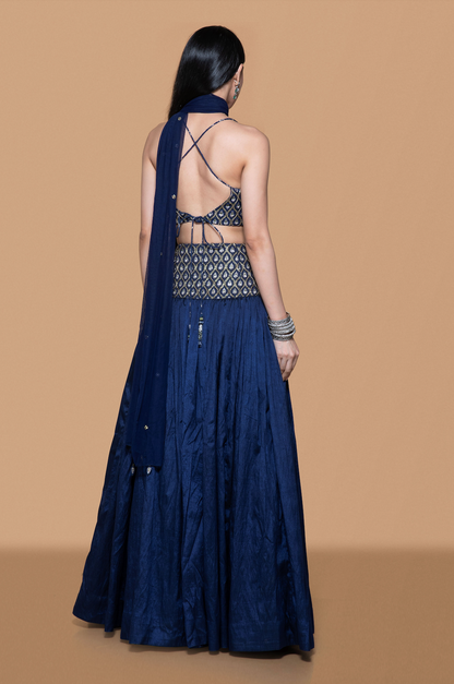 Blue Embroidered Brocade Lehenga Set