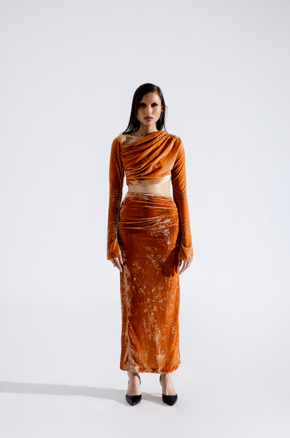 Clara Silk Velvet Skirt In Caramel