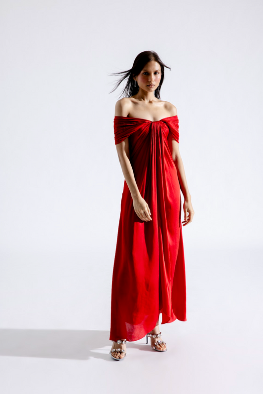 Cherry Bow-Off Shoulder Dress
