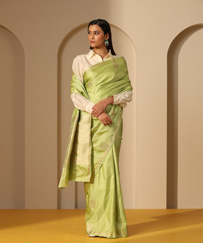 Handloom Light Green Pure Satin Silk Banarasi Saree With Kadhwa Boota