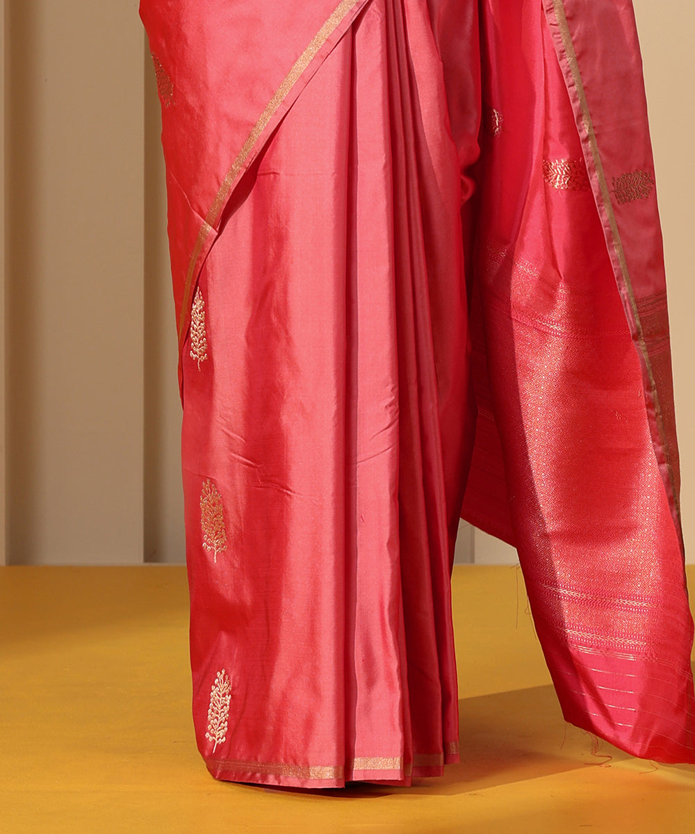 Handloom Rose Pink Satin Silk Banarasi Saree With Kadhwa Boota