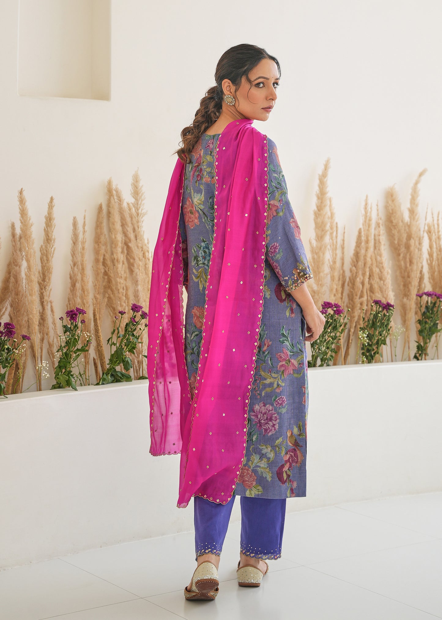 Fiza Stripe Kurta Sets - Purple - With Dupatta