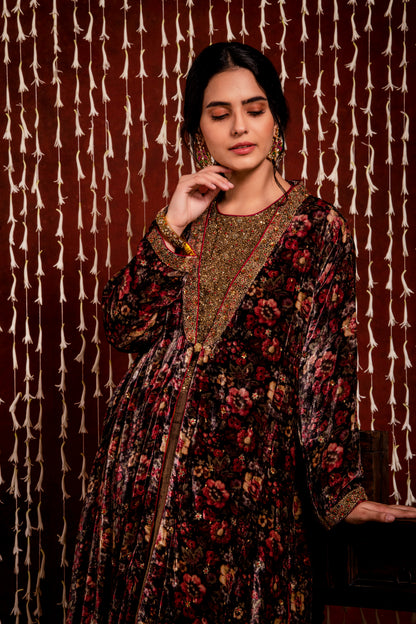 Printed Silk Velvet Choga Set