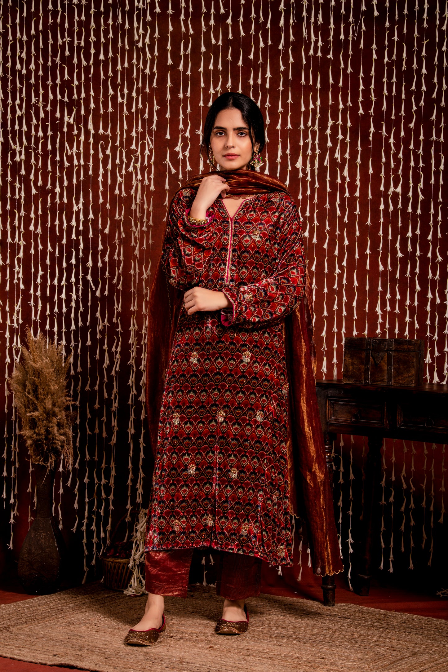 Ikat Printed Silk Velvet Kurta Set