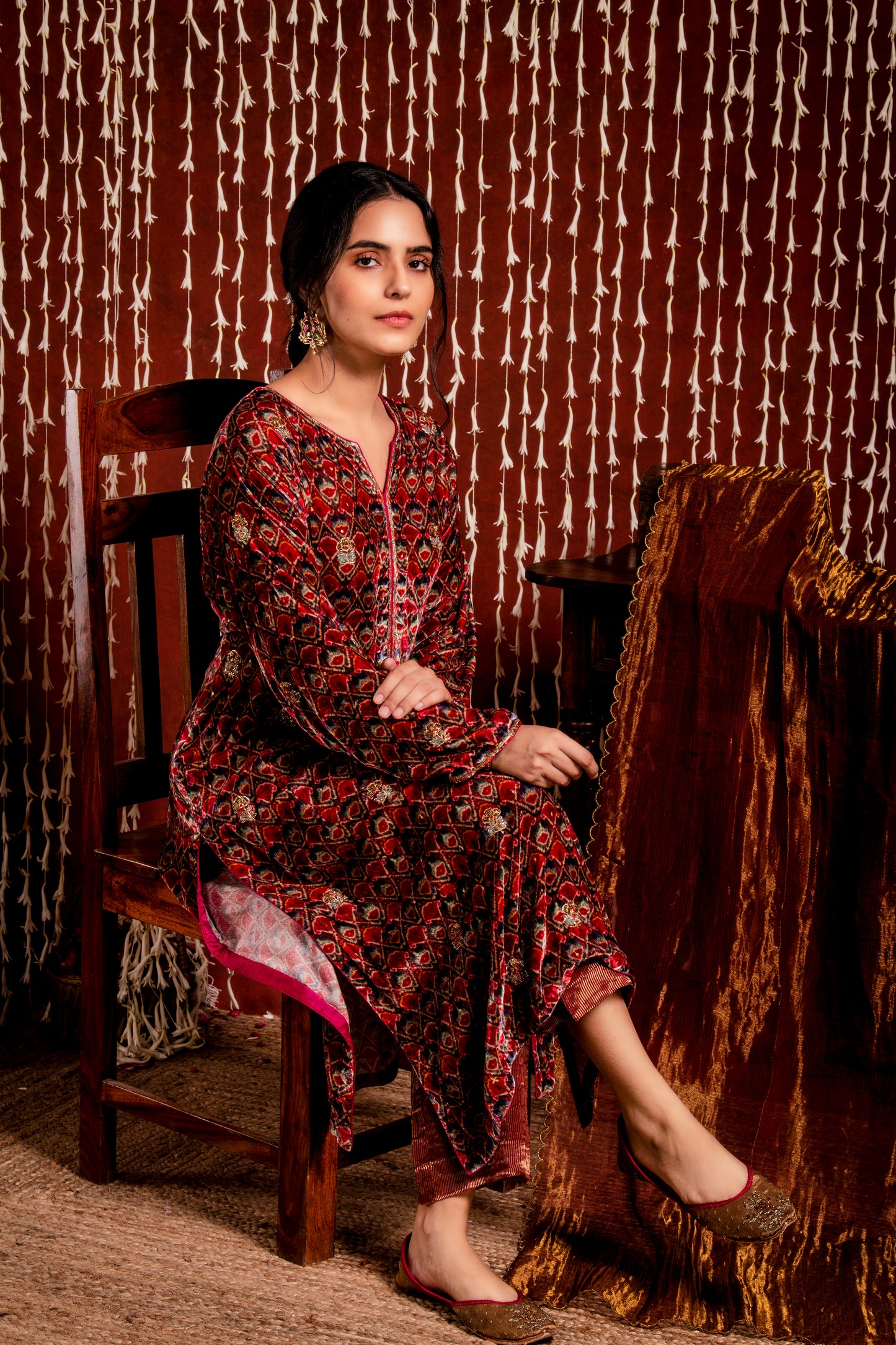 Ikat Printed Silk Velvet Kurta Set