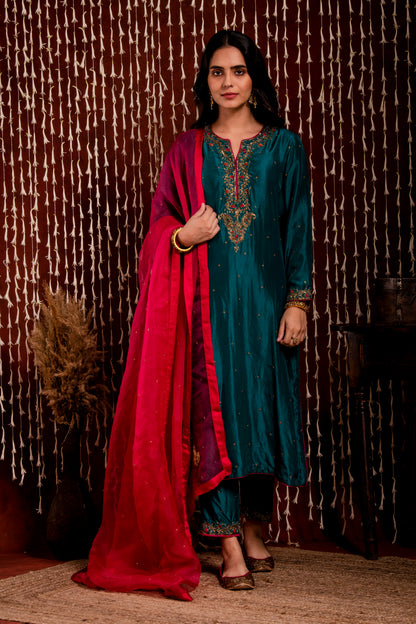 Teal Color Silk Kurta And Trousers