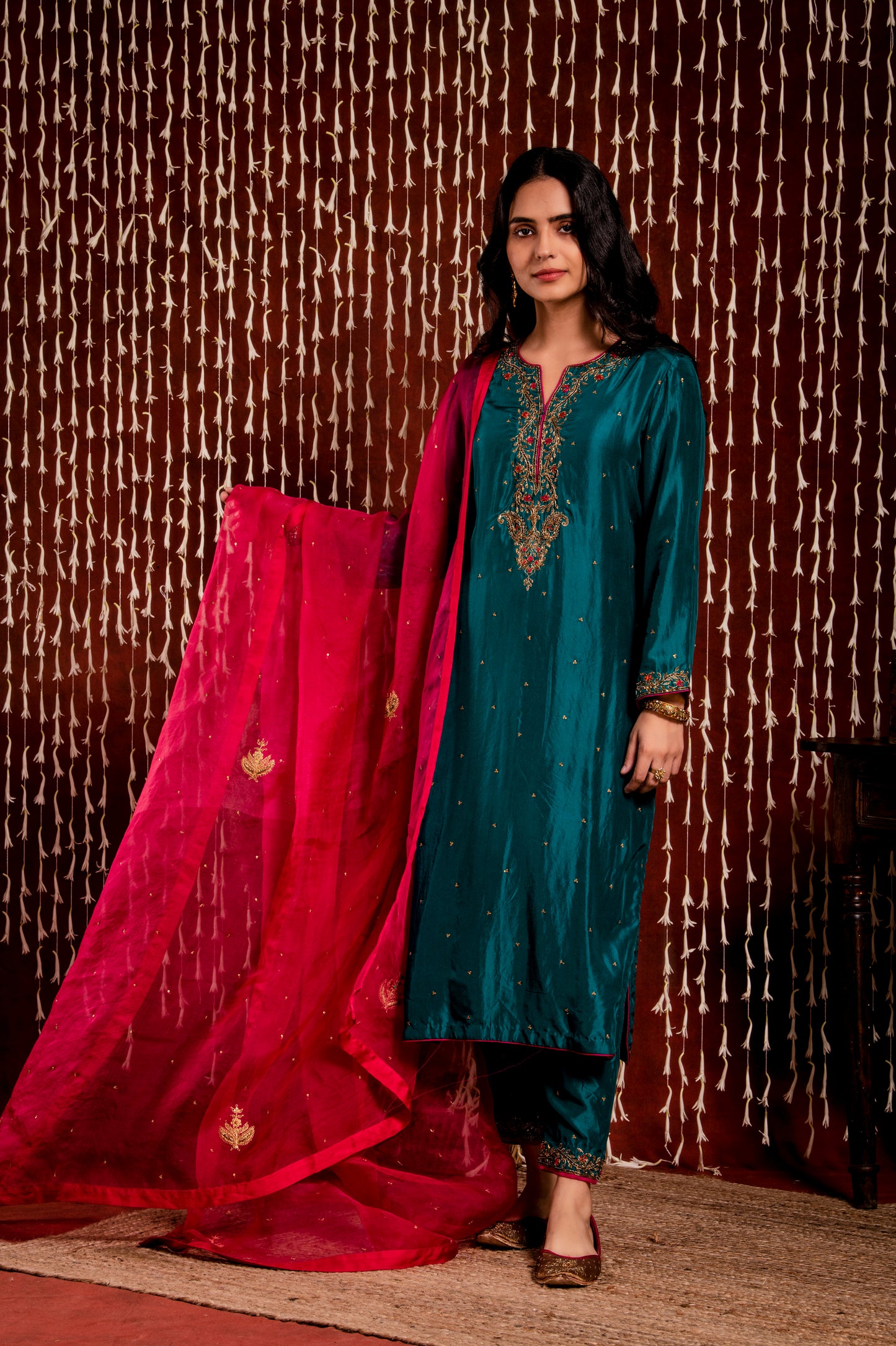 Teal Color Silk Kurta And Trousers